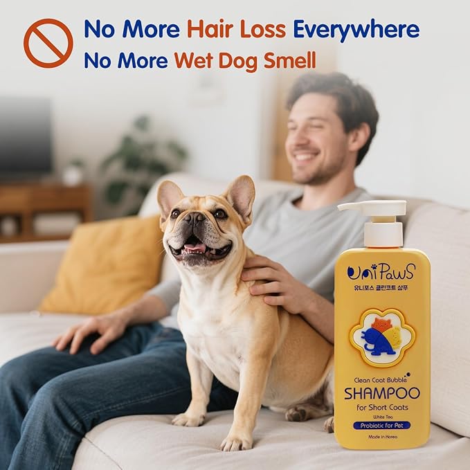 Unipaws Probiotic Dog Shampoo for Short-Haired Coats โ Itch Relief, Deodorizing & Hydrating for Healthy, Fresh Skin with Calendula & Oatmeal โ EWG Green & White Tea Scent, Made in Korea, 16.9 Fl Oz