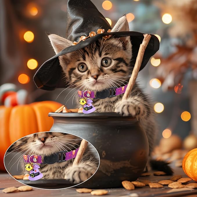3pcs Halloween Cat Collars with Bells, Polyester Adjustable Breakaway Festive Kitten Puppy Fall Collars Playful Holiday Accessories for Small Dog Kitty Pets (Witch Hat, Pumpkin Cat, Ghost Pattern)