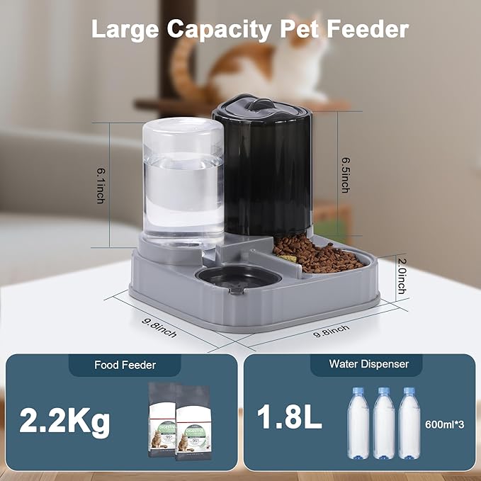Automatic Cat Feeder Water Dispenser 2 in 1 Gravity Cat Feeder Large Capacity Dispenser for Pet Dogs Puppy Kitten (Black)