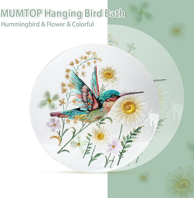 MUMTOP Hanging Bird Bath-Bird Baths for Outdoors - 12 Inch Hummingbird Daisy Glass Bird Water Bowl Bird Feeders for Outside, Garden, Lawn Yard Decor