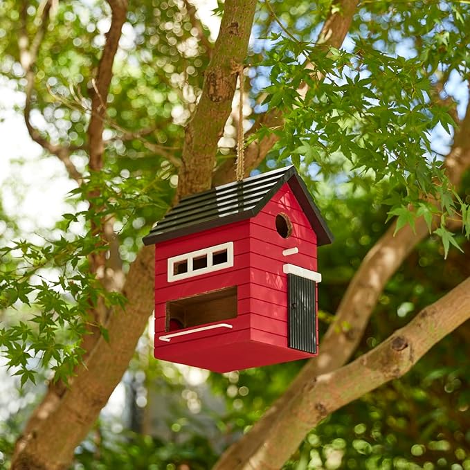 Glitzhome Wooden Bird Houses, Hand Painted Hanging Bird House for Outdoors,10.25" H Modern Functional and Decorative Outdoor Garden Birdhouse for Finch Bluebird Cardinals Swallow Wren Chickadee, Red