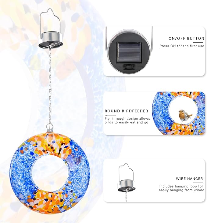 VCUTEKA Bird Feeder Solar Fly Through Bird Feeders for Outside Hanging with Round Shape Glass Container to Attract Wild Birds for Garden Decor, Solar Birdfeeder as Gift for Lovers, Multi 8-Inch