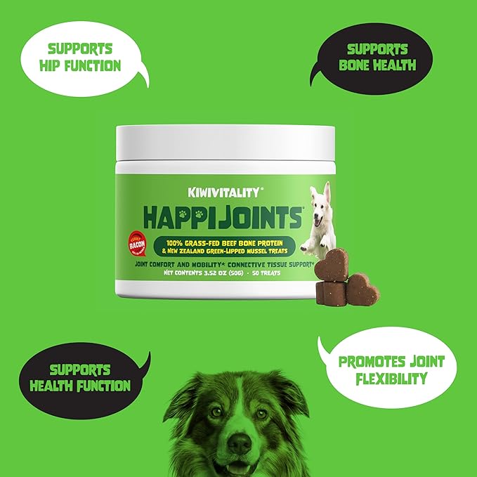 HappiJoints Hip and Joint Supplement Treats for Dogs, Cats • 100% Grass-Fed Beef Bone Collagen New Zealand Green-Lipped Mussels • 50 Treats