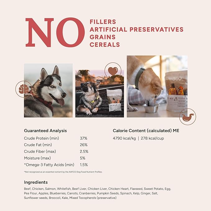 360 Pet Nutrition Freeze-Dried Raw Dog Food, High-Protein Complete Meal w/Beef, Chicken, Fish, Organs, Superfoods, No Fillers, 16 oz Bites/Kibble (Multi-Protein) – Made in USA