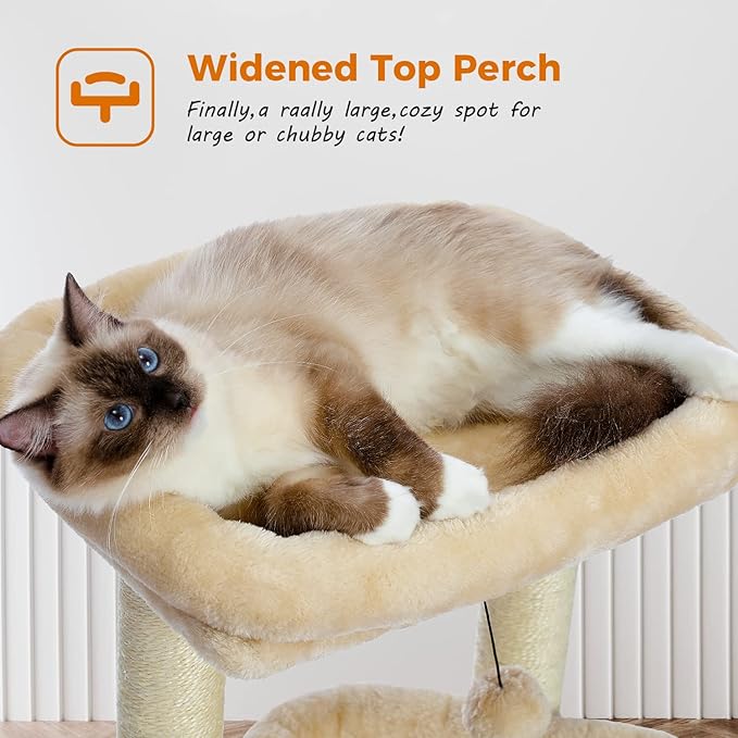 27" Cat Tree for Medium Cats, Cat Tower with Large Top Perch, Full Wrapped Natural Sisal Scratching Posts for Indoor Cats with Spacious Condo & Toy Ball, Beige