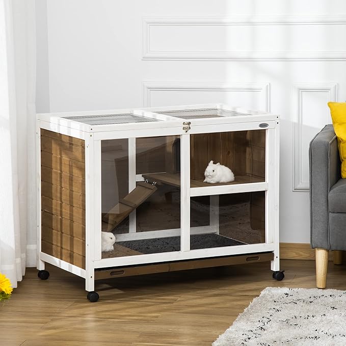 PawHut Rabbit Hutch with Wheels, Desk and Side Table Sized, Wooden Rabbit Cage, Waterproof Small Bunny Cage with Removable Tray, Openable Roof, for Rabbits, Chickens, Ducks, Indoor/Outdoor, Brown