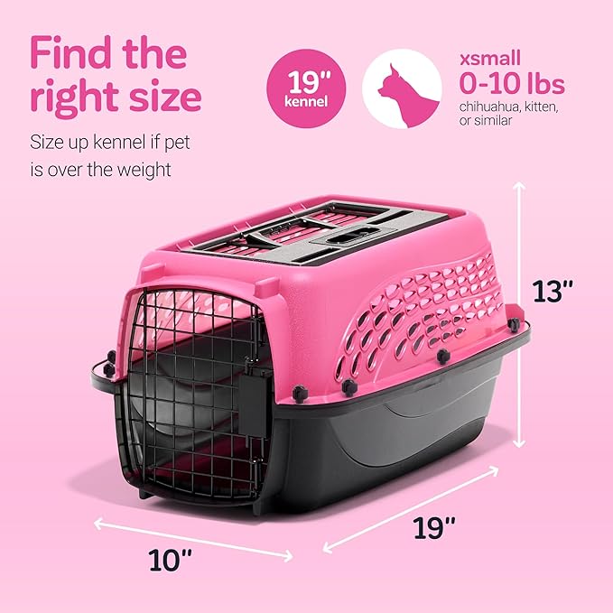 Petmate Dog Crates for Small Dogs & Cat Carriers, Two-Door Plastic Pet Kennel, Top & Front Loading, Made in USA, XS 19" For Dogs Up To 10 lb, Pink