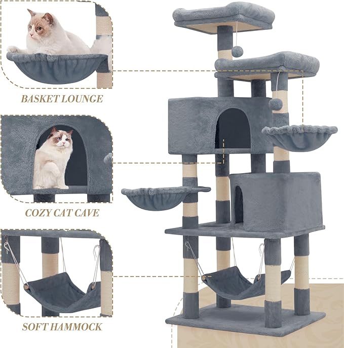 Athena Collection Cat Tree Tower, Modern 58 Inch Tall Cat Tree Claimbing Tower with Scratching Post 2 Condo 3 Hammocks Multi-Level Activity Platform and Playing Ball for Indoor Large Adult, Grey