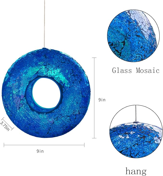 Topadorn Bird Feeder Fly Through Mosaic Round Stained-Glass Birdfeeder, Outdoor Hanging Blue Wild Bird Feeder Squirrels-Proof for Garden Decoration Gift, 9"
