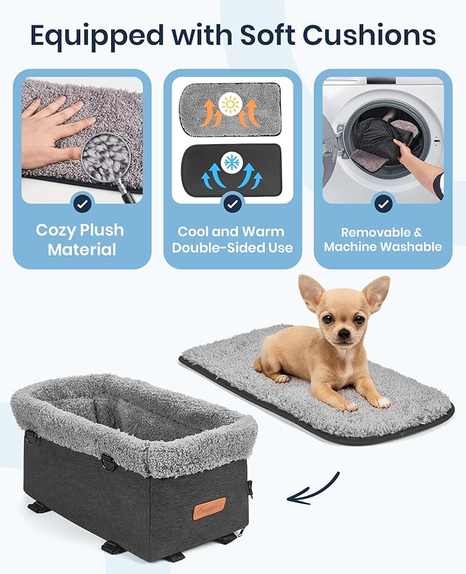 BurgeonNest Armrest Medium Sized Dog Car Seat - Portable Pet Booster Center Console Carseat Up to 15lbs, Safe Comfort Car Travel with Metal Frame, Pee Pad, Washable Fluffy Cushion and Interior, Grey