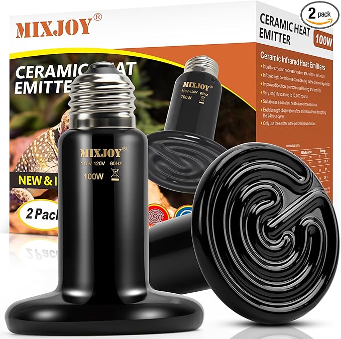 MIXJOY 100W Reptile Heat Lamp 2Pack Ceramic Heat Emitters Reptile Heat Lamp Bulbs, No Light Emitting Ceramic Heat Bulbs for Amphibian Terrarium Reptile Gecko Lizard Bearded Dragon Turtle Chicken Snake