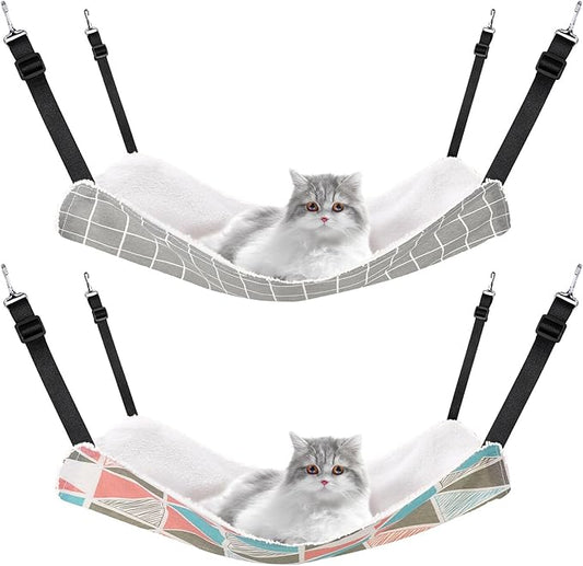 2 Pieces Reversible Cat Hanging Hammock Soft Breathable Pet Cage Hammock with Adjustable Straps and Metal Hooks Double Sided Hanging Bed for Small Dogs Rabbits(Geometry Pattern,L)