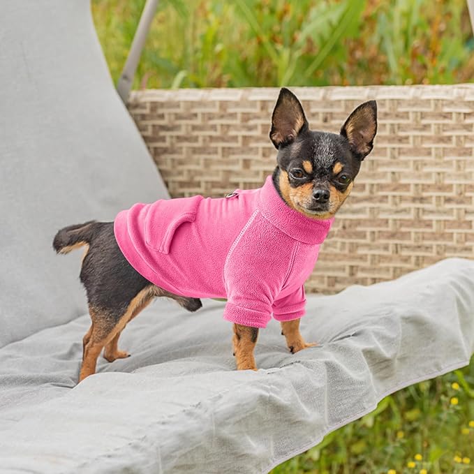 Idepet Fleece Dog Sweater - Winter Pet Clothes Turtleneck Sweatshirt, Stretchy Cat Coat with Leash Ring (Rose Red, L)