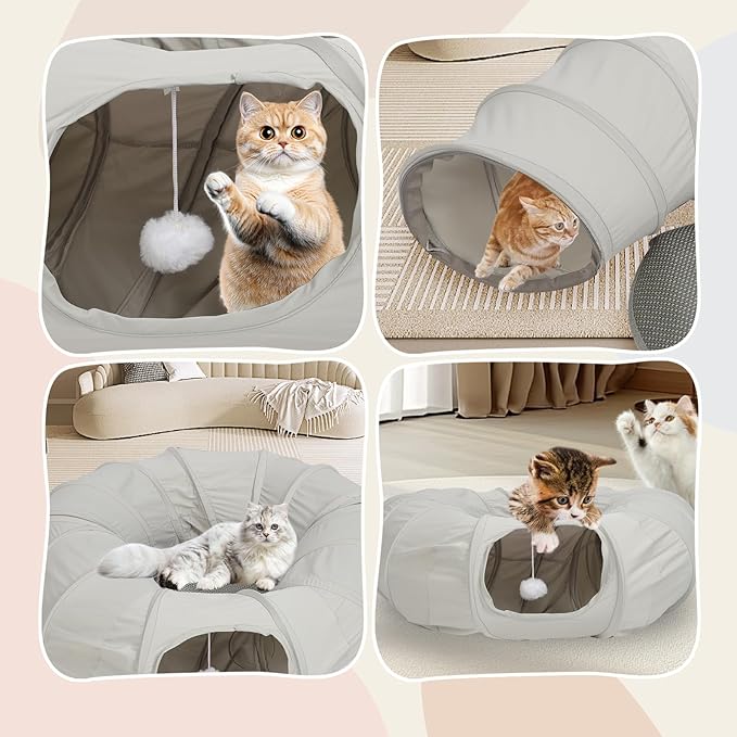 Foldable Cat Tunnel Bed for Indoor Cats, Soft Cave Cat Donut Playing Tunnels with Washable Circle Cushion, Detachable Round Pet Space Capsule Toy with Hanging Ball for Kitten Puppy Rabbit