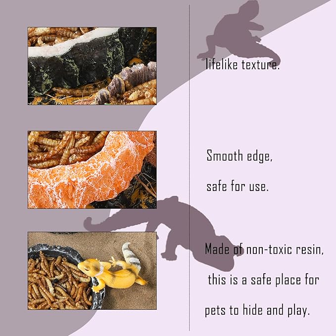 IBWell 2pcs Reptile Water Bowl with Feeding Tweezers Reptile Food Dish for Lizard Snake Tortoise Reptile Feeding Dish for Small Animals - Gray Tree Stump