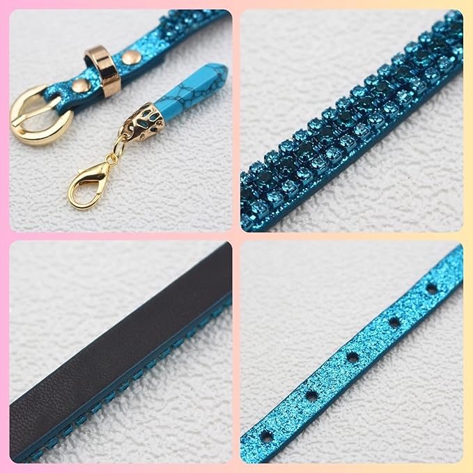 PEARLY JUN Rhinestone Dog Collars for Small Dogs Cat, XS Blue Bling Diamond Cat Collar Cute Luxury Crystal Pet Puppy