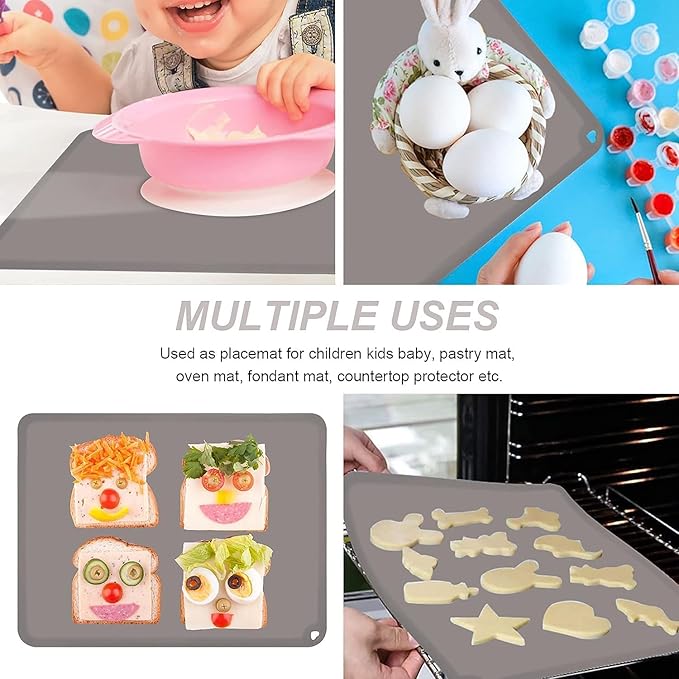 KVK Kids Silicone Placemat, KVK Baby Placemats for Kids Toddler Children Reusable Non-Slip Table Mats Baby Food Mats for Restaurant, 4 Pack, Gray