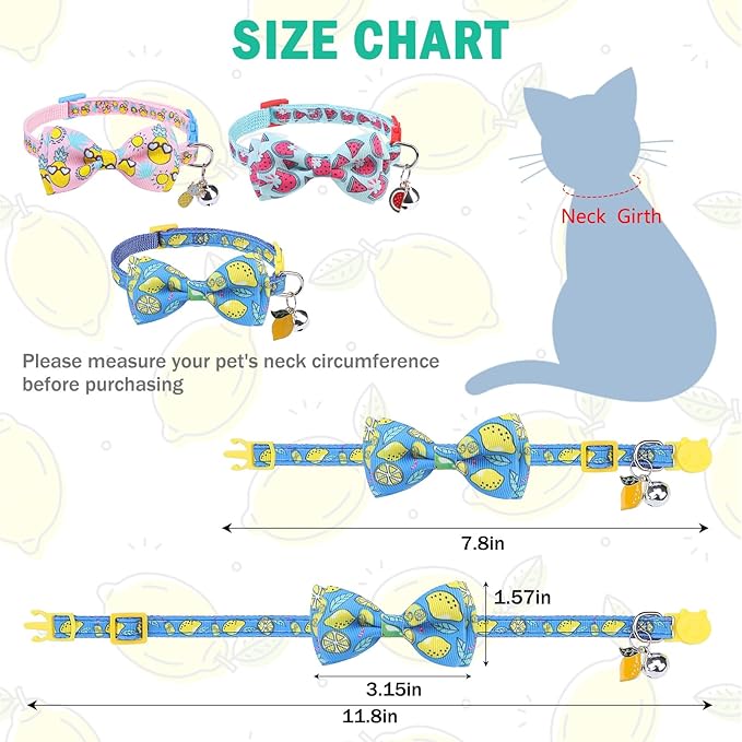 SCENEREAL Breakaway Cat Collar with Bell, 3 Pack Safety Adjustable Cat Collars with Pendant, Personalised Puppy Kitten Collar with Bow for Spring Summer Boys Girls, Pineapple & Lemon & Watermelon