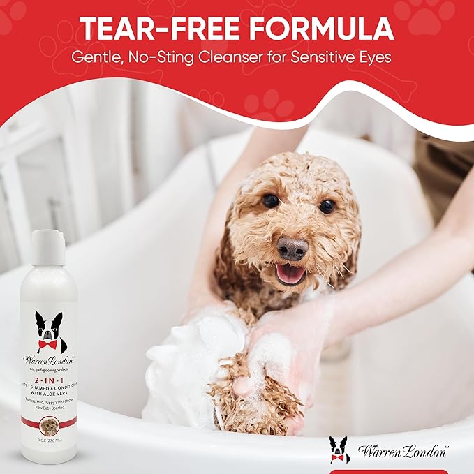 Warren London 2-in-1 Puppy Shampoo & Conditioner 8 oz | Tearless Baby-Powder Scent | Moisturizing Aloe & Shea Butter Formula for Puppies, Dogs & Cats | pH-Balanced, Cruelty-Free, Made in USA