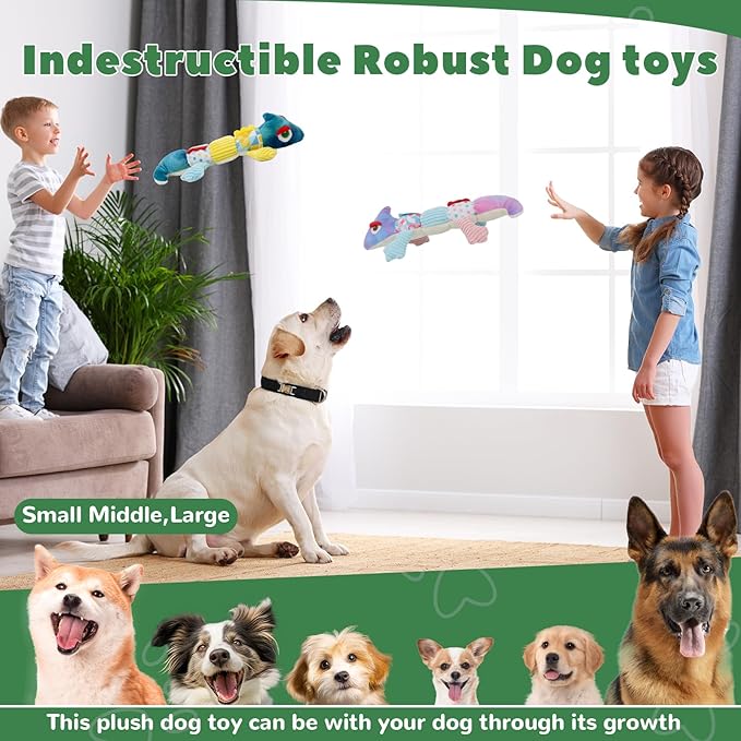 Crinkle Dog Toys Squeaky Plush No Stuffing Cute Puppy Stuffless Tough Rop Pull Toy, Fun Dog Stuffed Animals Durable Chew Set for Small Medium Large Pup (Large, Blue+Purple Chameleon)