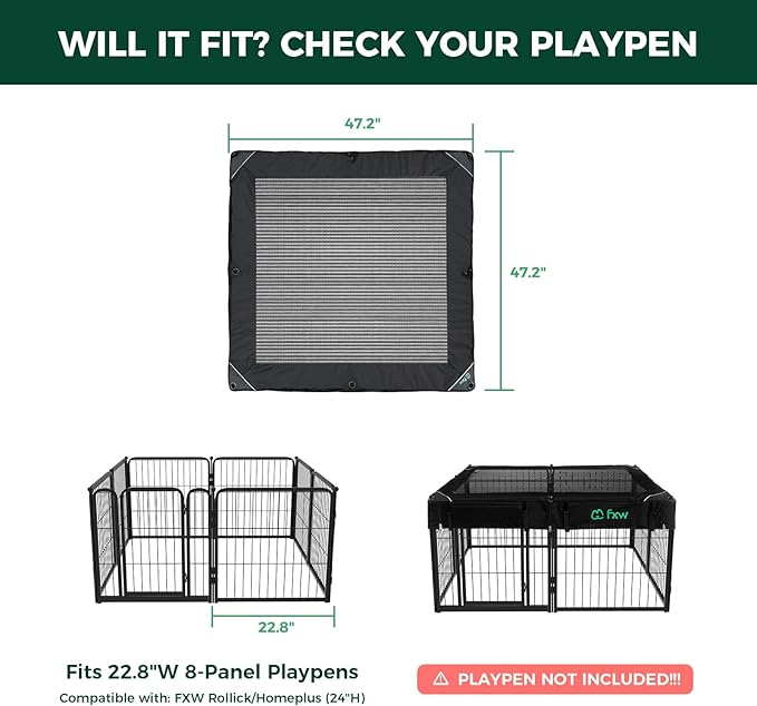 (Not Suitable for Other Brands) FXW Exclusive Mesh Top Cover, Only Fits FXW Rollick/Homeplus 22.8" W x 24" H 8-Panel Playpen (Playpen not Included), Square│Patent Pending