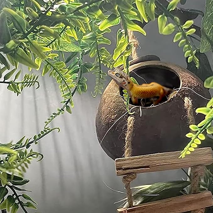 Grested Gecko Coconut Hut with Ladder,Leopard Gecko Coconut Hide Lizards Hanging Coco Den Cave Reptile Hammock Reptiles Tank Accessories Climbing Hanging Plants Jungle Vine Flexible Leaves Decor