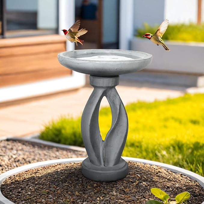 SunJet 21.8inch High Concrete Bird Bath, Freestanding Birdbaths & Birdfeeder - Stylish Outdoor Bird Baths Feeding Bowl for Outdoors Garden Patio Yard Lawn Decor