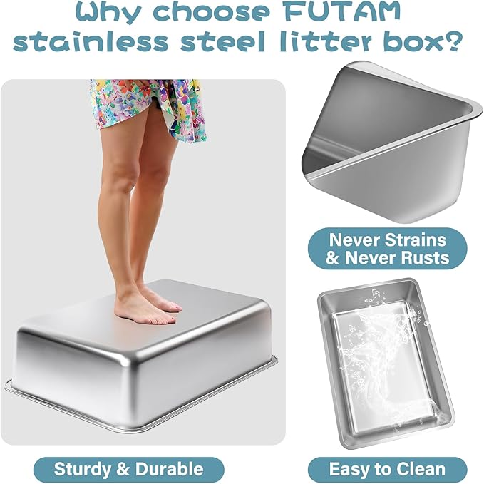Stainless Steel Litter Box,19.7"x13.7"x6" Large Metal Litter Box for Kitty/Cat/Rabbits, Easy to Clean, Non Stick Litterbox No Smell for Adult Cats