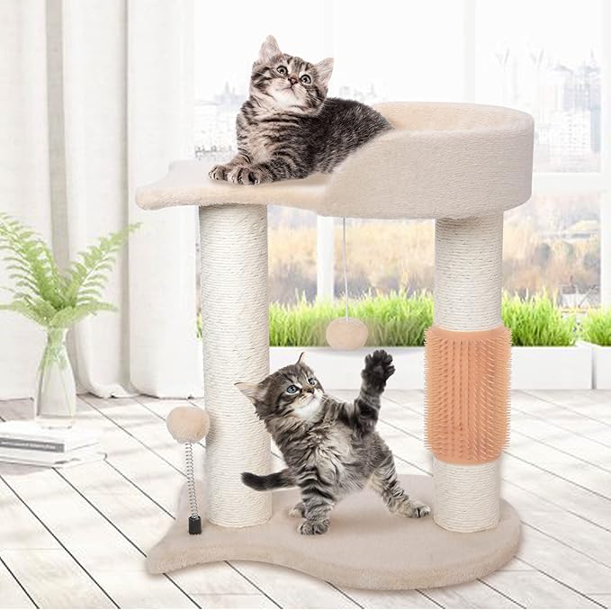 5-in-1 Cat Tree Tower Multifunction Cat Scratching Post Featuring with Fish-Shaped Rest Platform Cat Self Groomer Danging Ball Spring Ball, Ideal for Indoor Cats or Kittens - Cream