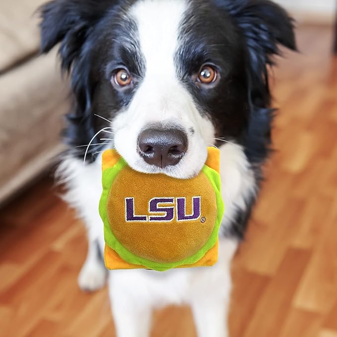 NCAA LSU Tigers Cheeseburger Plush Dog & CAT Squeak Toy- Cutest Stadium Hamburger Snack Plush Toy for Dogs & Cats with Inner Squeaker & Beautiful Football/Basketball Team Name/Logo