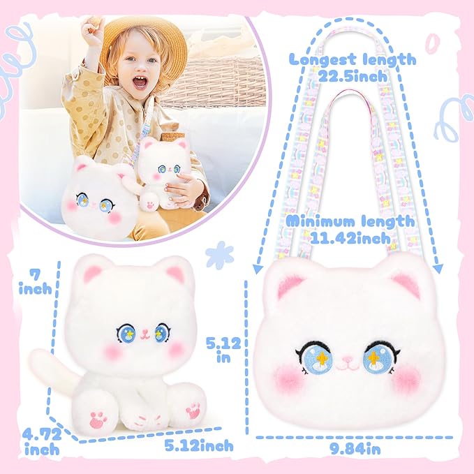 Cat Plush Toys and Purse Set for Kids,Cat Stuffed Toy Kids with Cute Zipper Crossbody Bag, Soft Stuffed Cat Toys Set Birthday Party Favors for Toddlers Kids