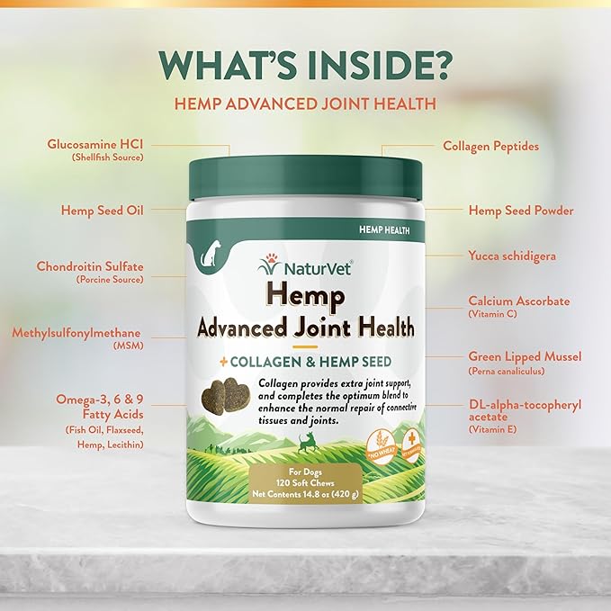 NaturVet Hemp Advanced Joint Health Dog Supplement Soft Chews –Helps Support Joint Health in Dogs – Includes Hemp Seed, Collagen, Glucosamine, MSM, Chondroitin, Omegas – 120 Ct.