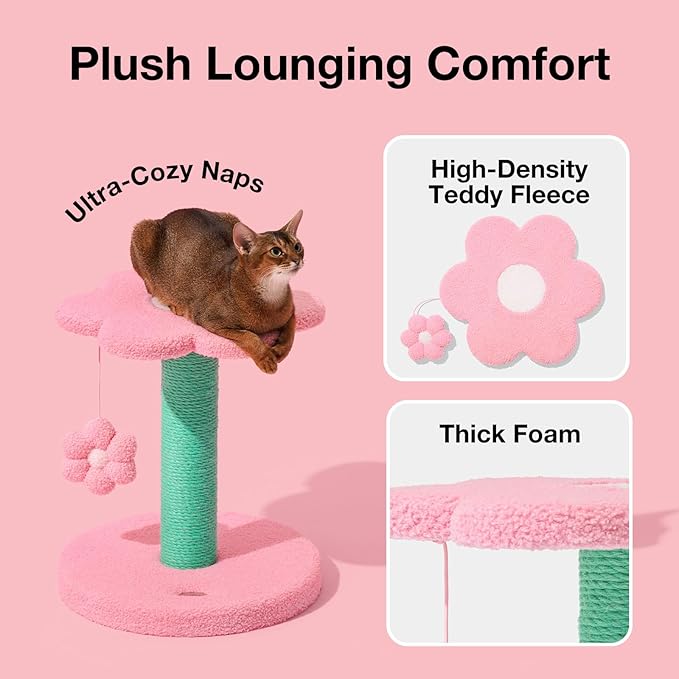 VETRESKA 18" Flora Cat Tree, Sisal Scratching Posts with Hanging Blossom Toy, Indoor Cats Furniture Activity Center for Cats Kittens, Pink