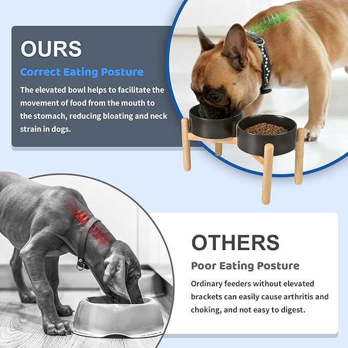 SPUNKYJUNKY Ceramics Elevated Dog Bowls with Wooden Stand Raised Dog Bowl for Medium Large Dog Food and Water Pet Feeding Bowl(Double 60OZ Bowls,Black)