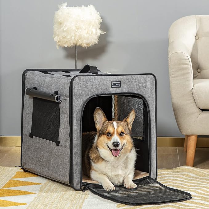 PETSFIT Travel Dog Crate, Soft Sided Dog Crate - 24 Inch with Thicken Mat, Easy to Fold, Sturdy and Portable, Perfect for Traveling, Portable Dog Kennel Grey