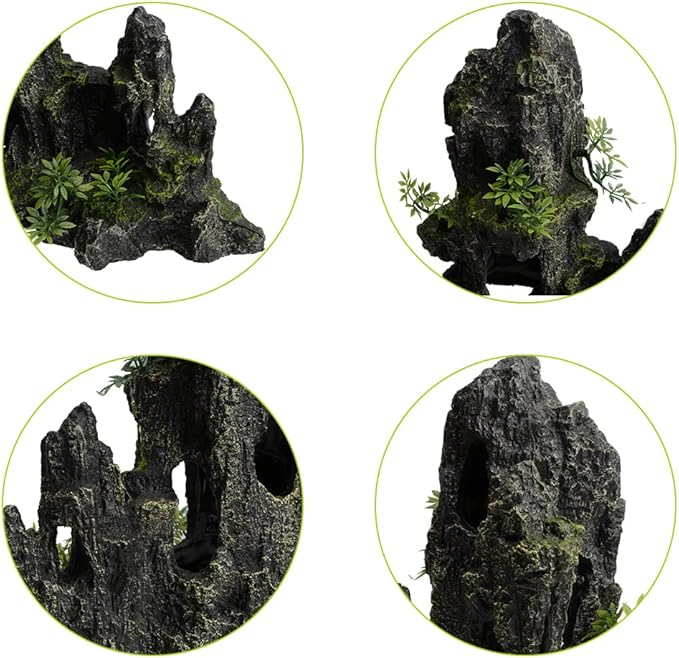 AnRui Large and Tall Aquarium Mountain View Stone Decorations Resin Betta Rock Aquascaping Hiding Cave Ornaments Fish Tank Accessories Decorations with Small Plants