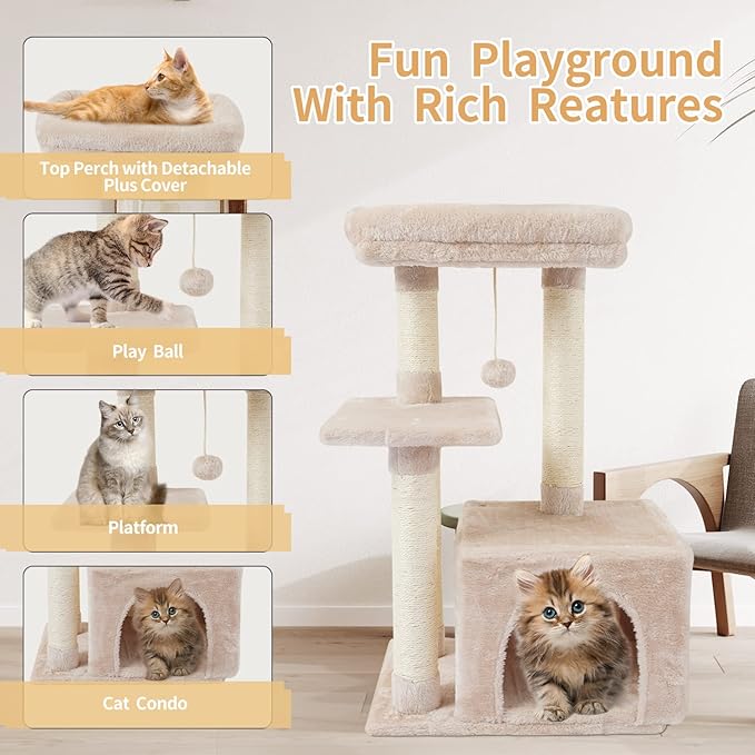 FISH&NAP Cute Cat Tree Kitten Cat Tower for Indoor Cat Condo Sisal Scratching Posts with Jump Platform Cat Furniture Activity Center Play House Beige