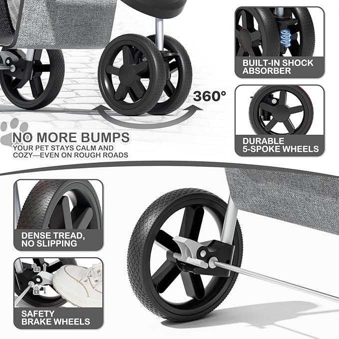 MoNiBloom 3 Wheels Pet Dog Cat Stroller for Small Medium Dogs and Cats, Lightweight Foldable Jogger Stroller w/Storage Basket and Cup Holder, Gray