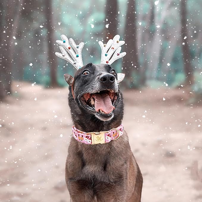 Elegant little tail Christmas Dog Collar, Pink Deer Print Pet Collar Dog Durable Cute Dog Collars Winter Holiday Male or Female Pet Gift Adjustable Dog Collar for X-Large Dogs