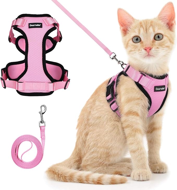 Dooradar Cat Harness and Leash Set, Escape Proof Safe Adjustable Kitten Vest Harnesses for Walking, Easy Control Soft Breathable Mesh Jacket with Reflective Strips for Cats, Pink, S