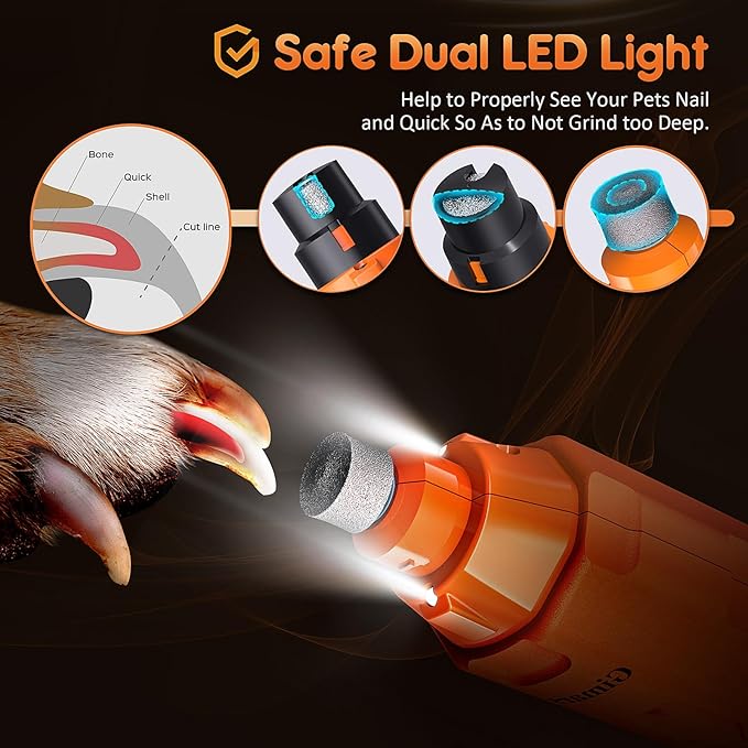 Gimars Upgrade Super Quiet Adjustable 6 Speed Powerful 12000rpm Allow All Controll Dog Nail Grinder 45 db Dual LED Light Pet Nail Grinder USB Rechargeable 3 Ports Nail File for Large Medium Small Dog