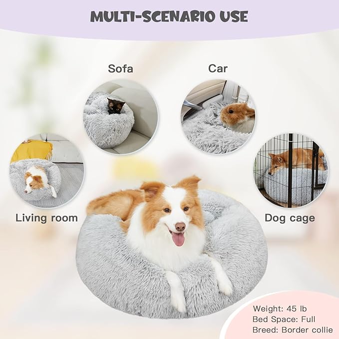 Himax Dog Beds for Large Dogs, Donut Dog Beds with Blanket, Cozy Soft Fluffy Round Dogs Beds, Washable (20"/26"/35") Light Grey