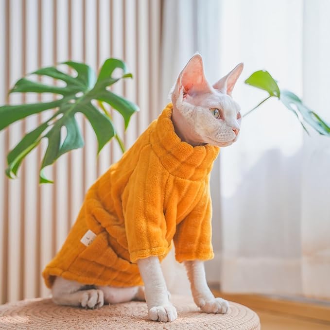Turtleneck Sweater for Sphynx Cat Soft Coral Fleece Cat Clothes Thick Winter Warm Outfit Coat for Hairless Cats and Small Dogs Apparel with Sleeves (Orange, L (7-8.5 lbs))