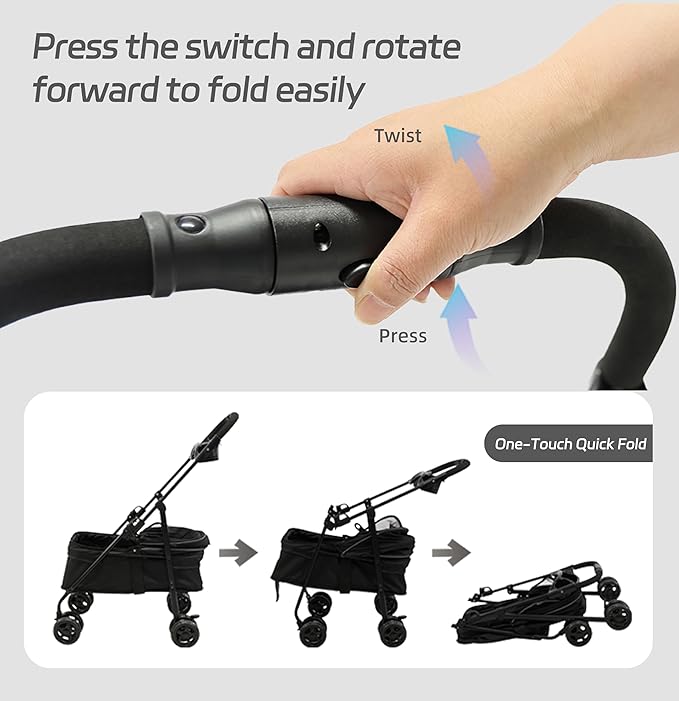 4 Wheels Pet Stroller,One-Click Folding Portable Folding Dog Cat Stroller,Sunshade, Storage Bag, Waterproof Oxford Fiber,Breathable and Visible Mesh for Small/Medium Pets up to 33 lbs,Black 