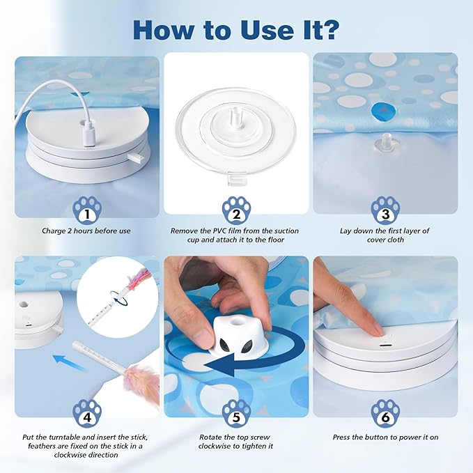 Interactive Cat Toys for Indoor Cats, Rechargeable Hide and Seek Cat Toy with Moving Concealed Feathers, Touch Activated Kitten Toys Cat Exercise Toys, Blue White Cover