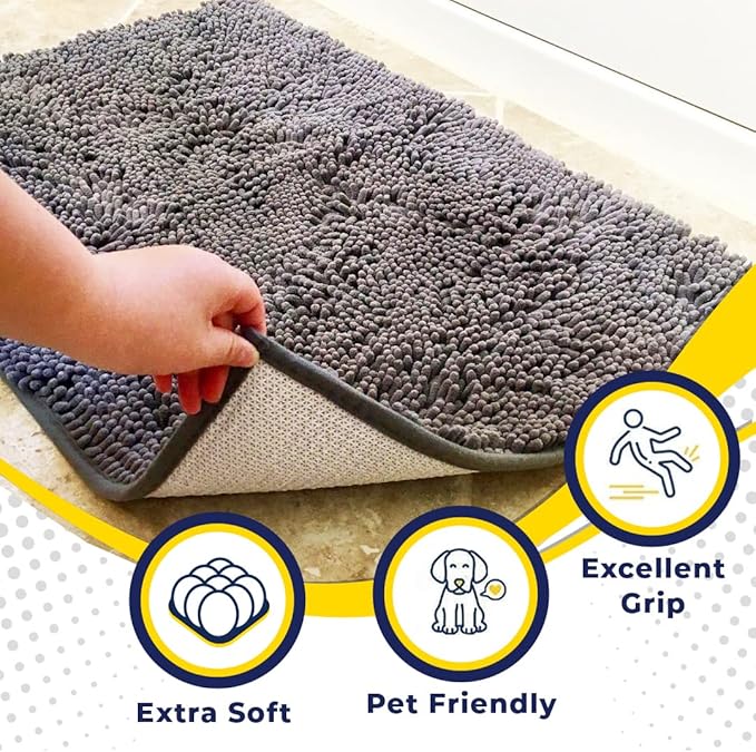 Muddy Mat® Shown on TV – Super Absorbent Microfiber Dog Door Mat for Muddy Paws, Non-Slip Washable Pet Rug, Quick Dry Chenille Entryway Carpet, Machine Washable Indoor Outdoor mat, Grey 59"x35"