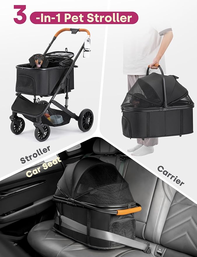 Dog Stroller for Small/Medium Dogs Up to 60lbs, 4 Wheels Folding Pet Stroller with Detachable Carrier, Pet Travel Carrier for Puppy & Cats, Storage Basket, Breathable Mesh, Black