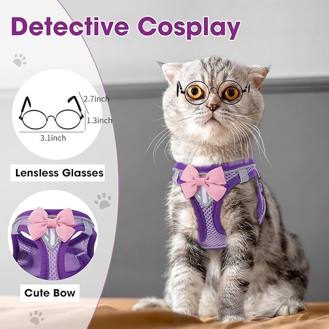 Cat Vest Harness and Leash Set for Walking Escape Proof, Adjustable Kitten Harness Breathable Mesh with Reflective Strips Harness for Kitty Puppy Bunny Purple,M