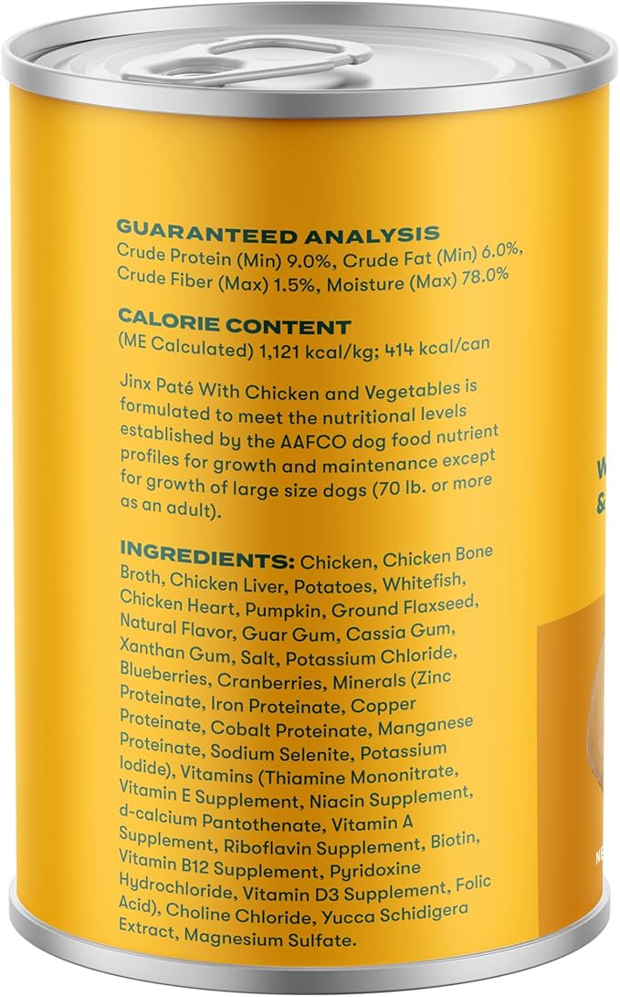 Jinx Premium Wet Dog Food Cans - Chicken & Vegetables Pate - Grain-Free Canned Dog Food Pate & Topper with Real Ingredients & No Fillers - All Life Stages, Breeds & Sizes - 12-Pack, 13 Oz