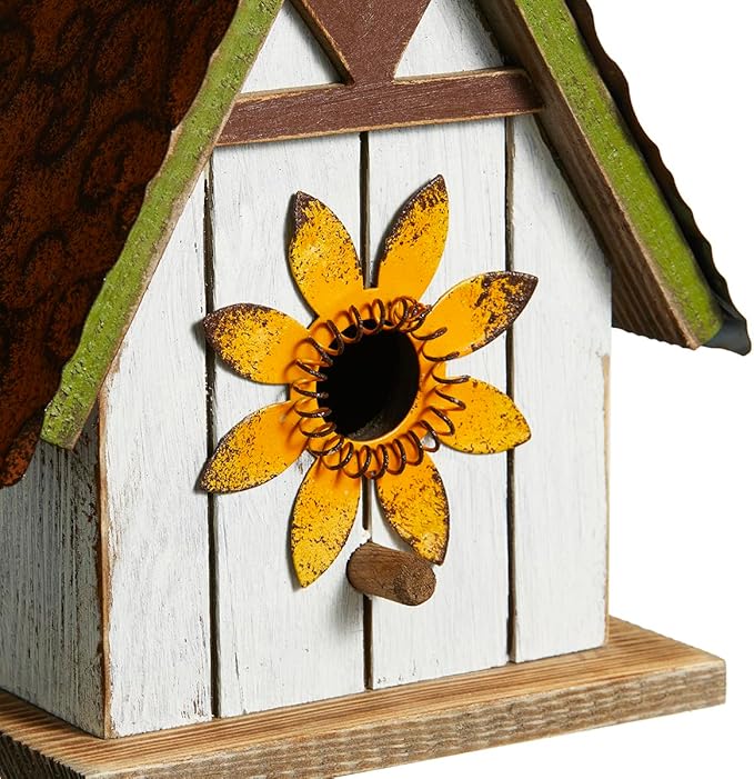 Glitzhome 8.25" H Solid Wood Decorative Hanging Bird House Distressed Cottage Outdoor Garden Birdhouse with 3D Metal Roof and Flower